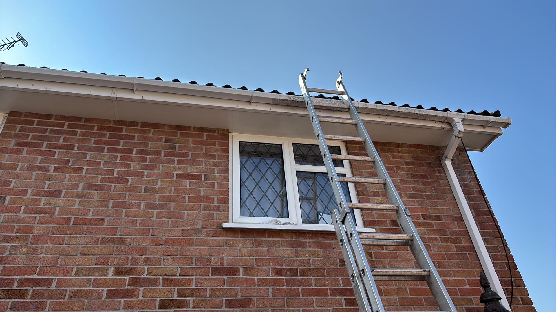 Ladder set up at the gutter line of a brick house for gutter clearing in Hampshire